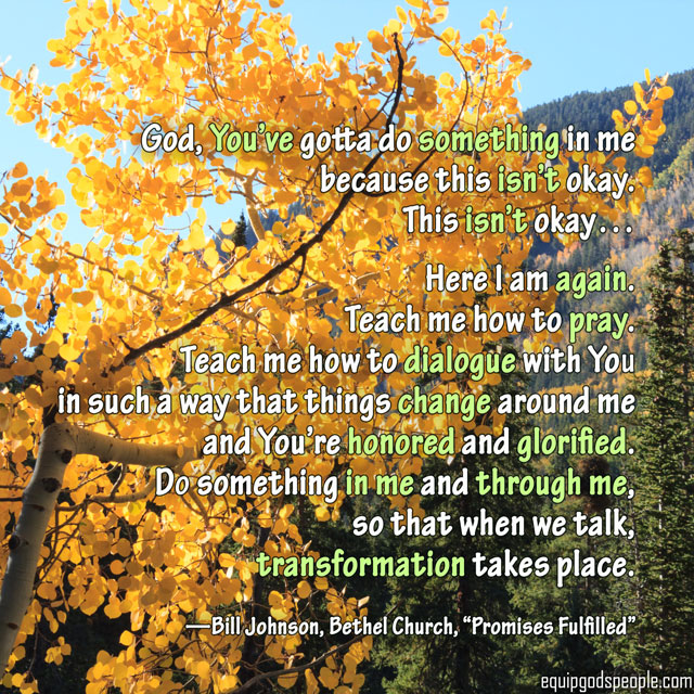 “God, You’ve gotta do something in me because this isn’t okay. This isn’t okay… Here I am again. Teach me how to pray. Teach me how to dialog with You in such a way that things change around me and You’re honored and glorified. Do something in me and through me, so that when we talk, transformation takes place.” —Bill Johnson, Bethel Church, “Promises Fulfilled”