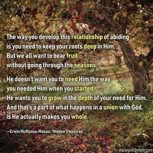 “The way you develop this relationship of abiding is you need to keep your roots deep in Him. … But we all want to bear fruit without going through the seasons. … He doesn’t want you to need Him the way you needed Him when you started. He wants you to grow in the depth of your need for Him. And that’s part of what happens in a union with God, is He actually makes you whole.” —Erwin McManus, Mosaic, “Hidden Treasures”